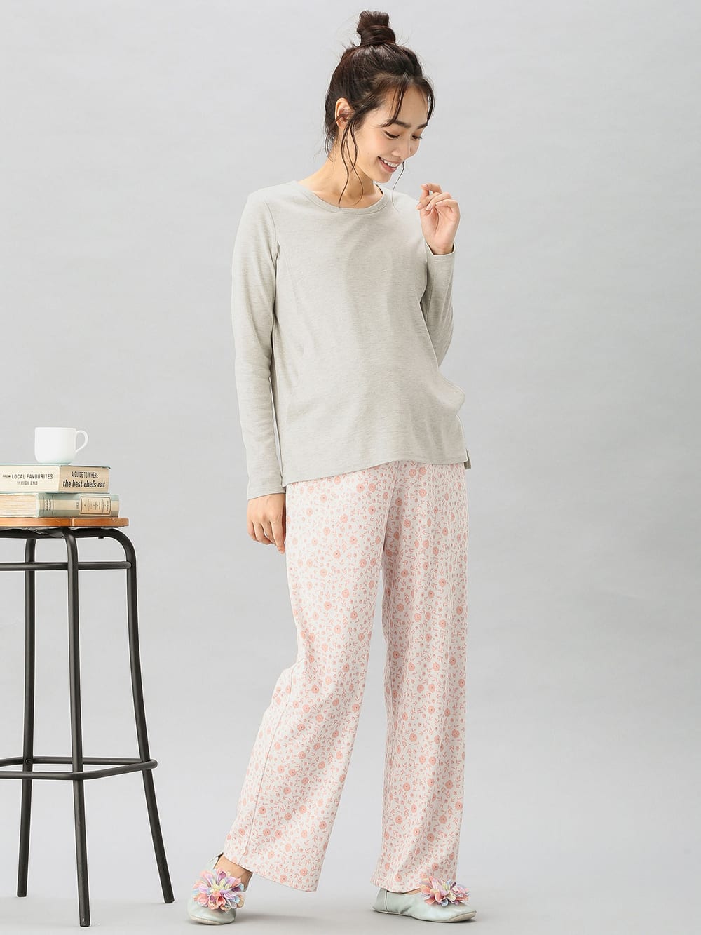 マタニティ パジャマ・ルームウェア|【授乳口付】スムーストップス＆花柄プリントパンツセットパジャマ|ピンク