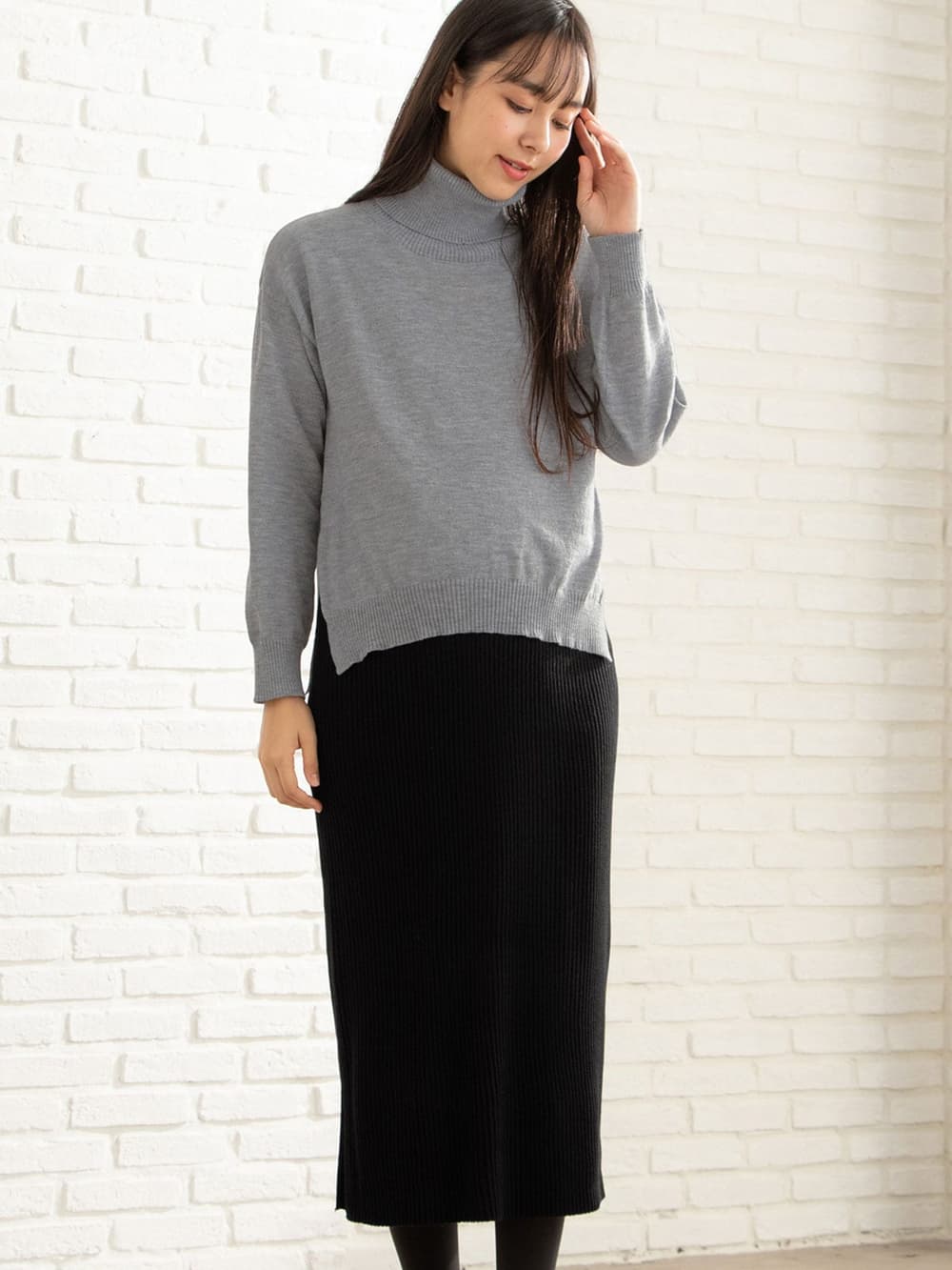 マタニティ ワンピース 授乳口付 天竺ニット リブニットタートルレイヤードワンピース マタニティウェア 授乳服通販 エンジェリーベ 公式