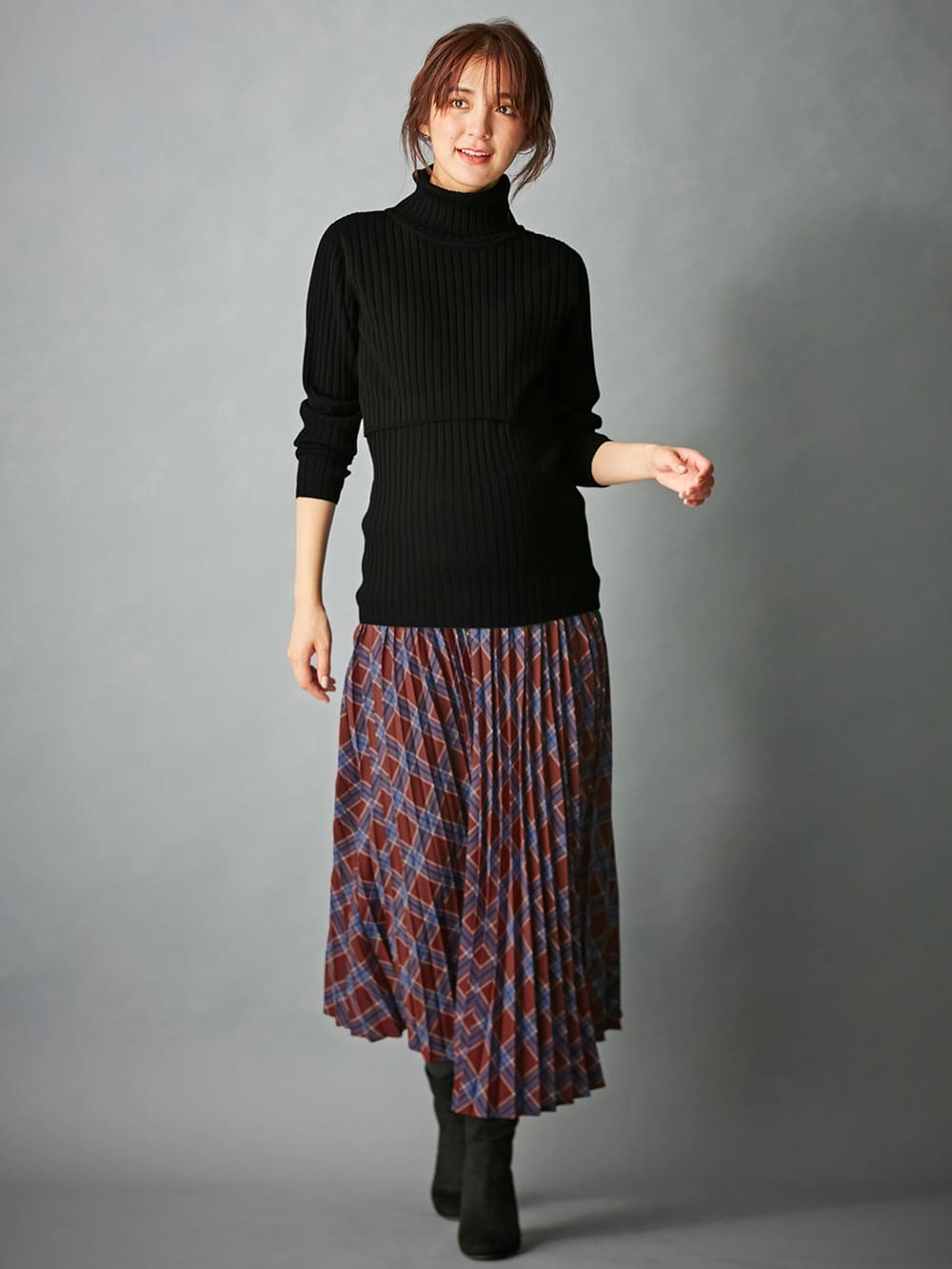 アウトレット|リブタートルニット　マタニティ・授乳服|ブラック