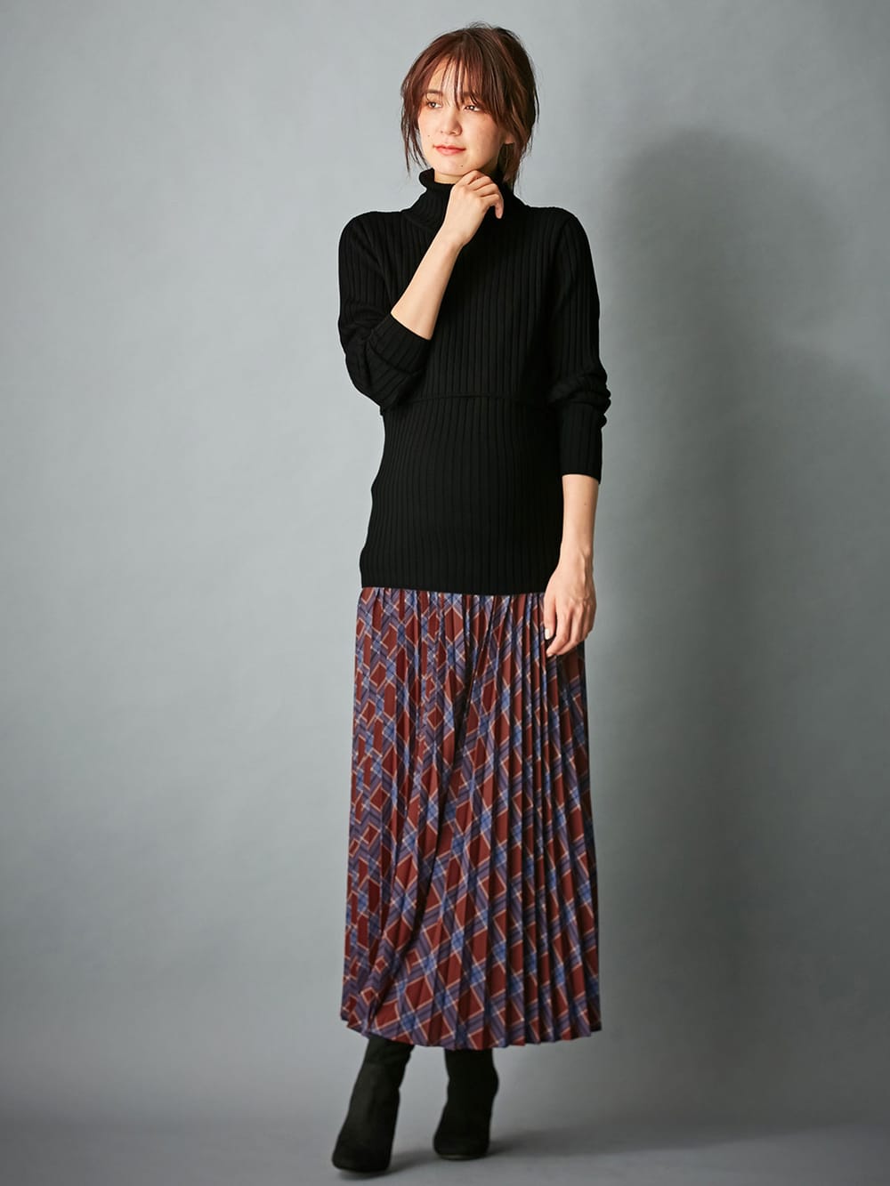 アウトレット|リブタートルニット　マタニティ・授乳服|ブラック