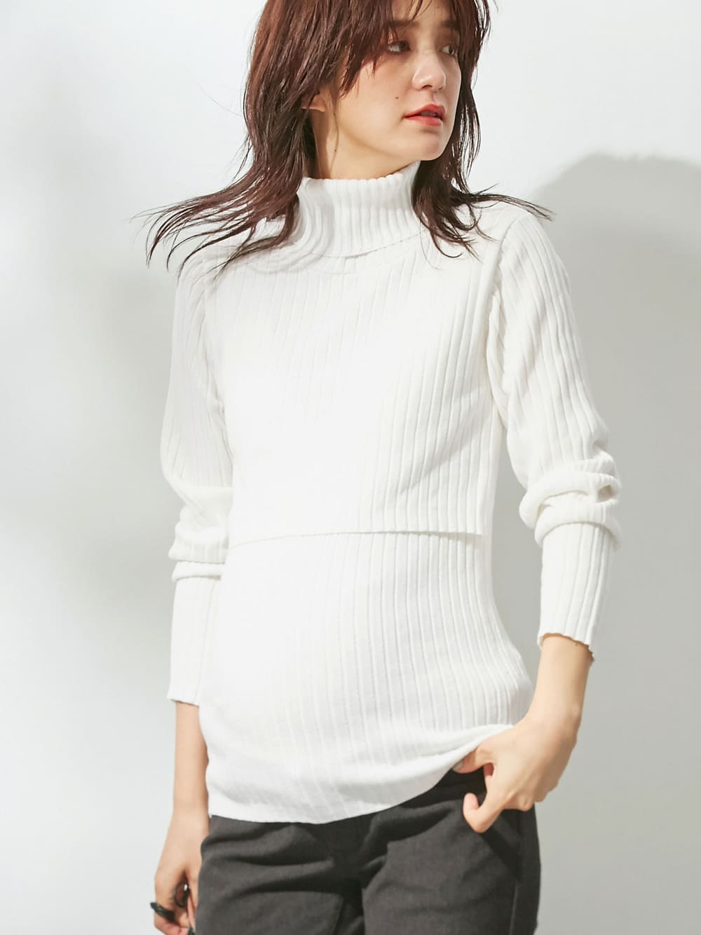 アウトレット|リブタートルニット　マタニティ・授乳服|オフホワイト