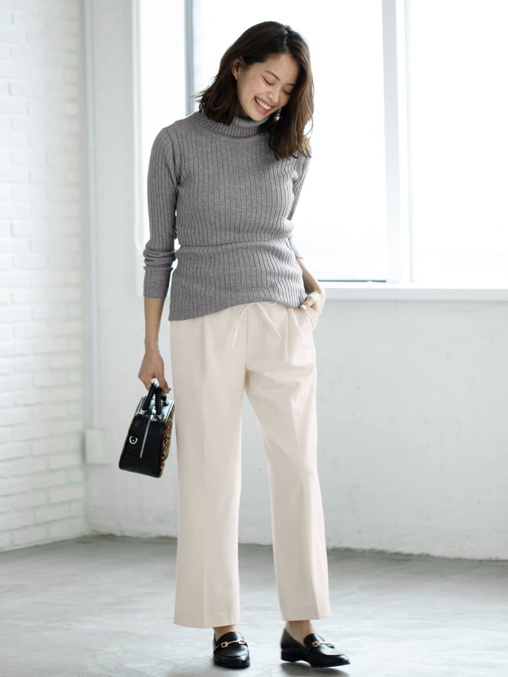 アウトレット|リブタートルニット　マタニティ・授乳服|杢グレー