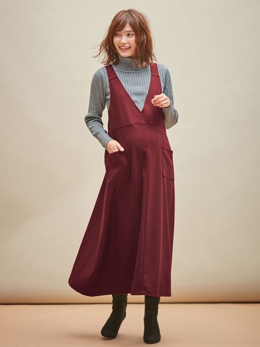 アウトレット|リブタートルニット　マタニティ・授乳服|杢グレー