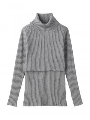 アウトレット|リブタートルニット　マタニティ・授乳服|杢グレー