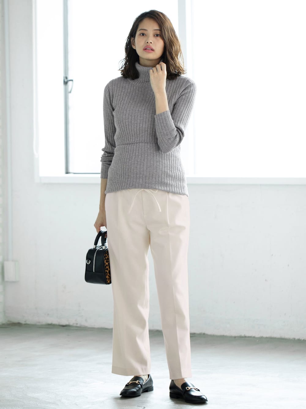 アウトレット|リブタートルニット　マタニティ・授乳服|杢グレー