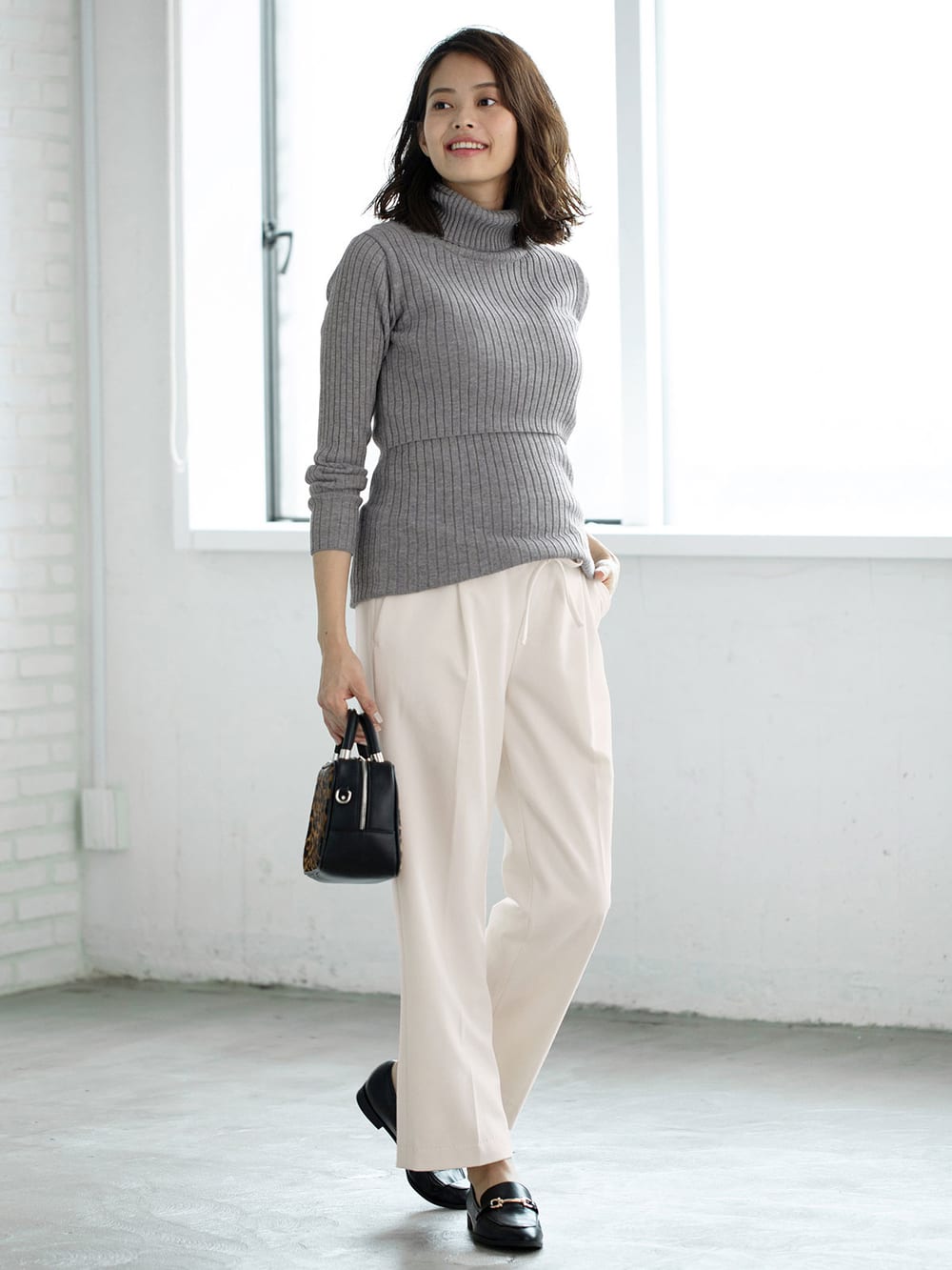 アウトレット|リブタートルニット　マタニティ・授乳服|杢グレー