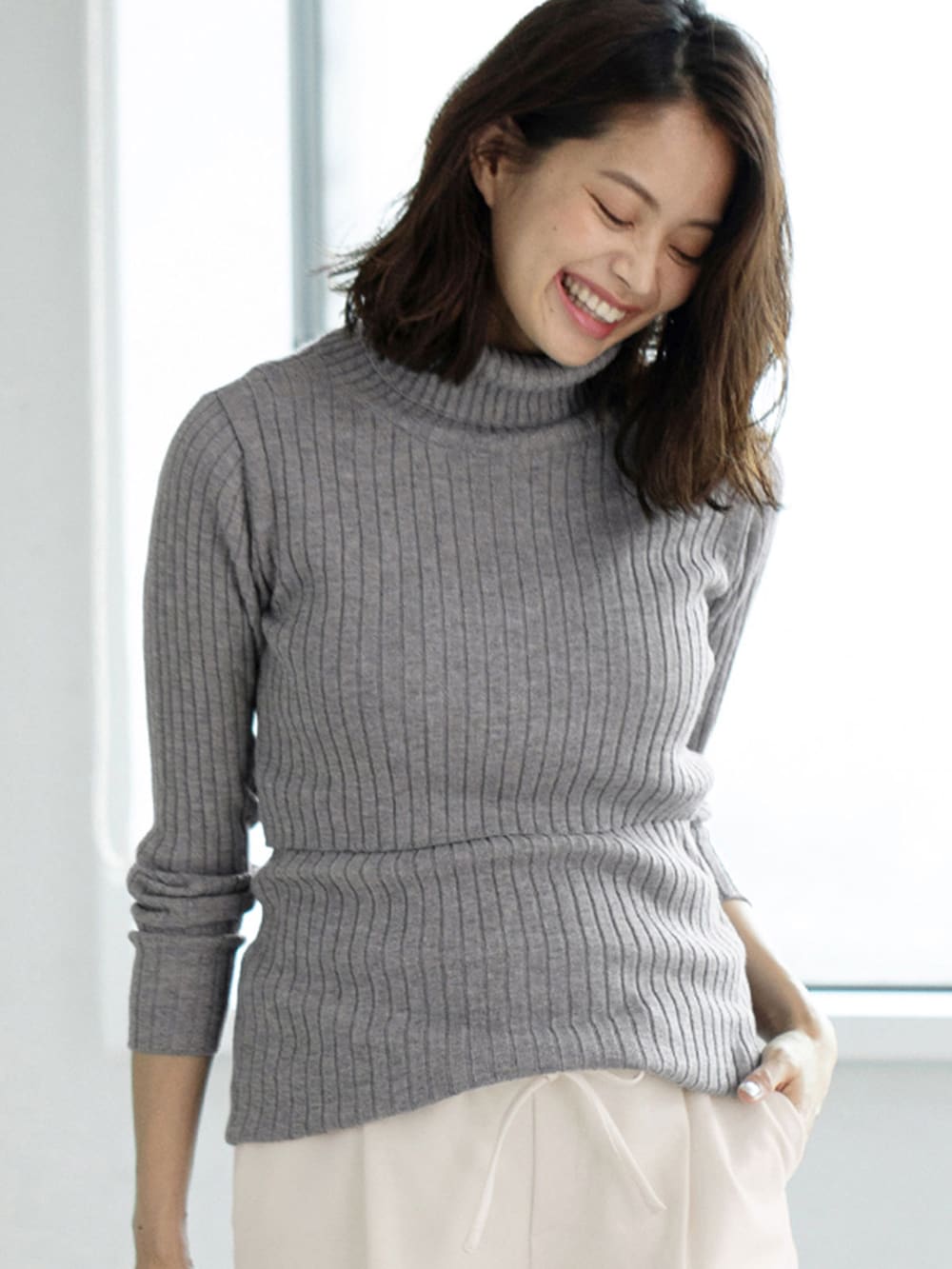 アウトレット|リブタートルニット　マタニティ・授乳服|杢グレー