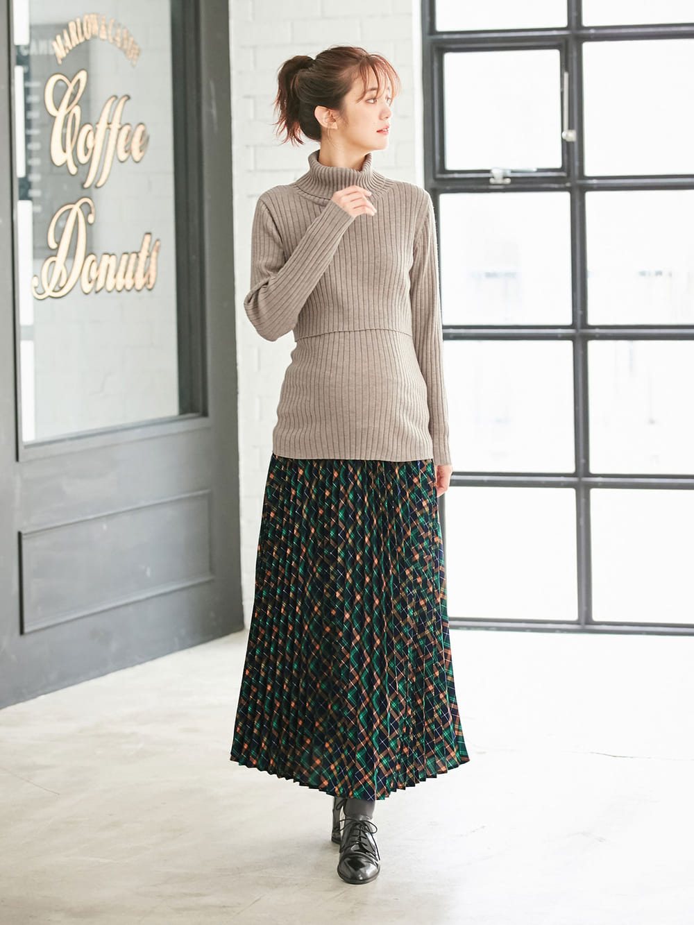 アウトレット|リブタートルニット　マタニティ・授乳服|杢ベージュ