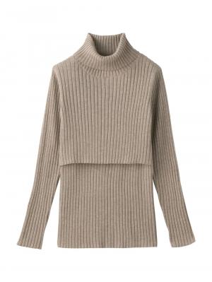 アウトレット|リブタートルニット　マタニティ・授乳服|杢ベージュ