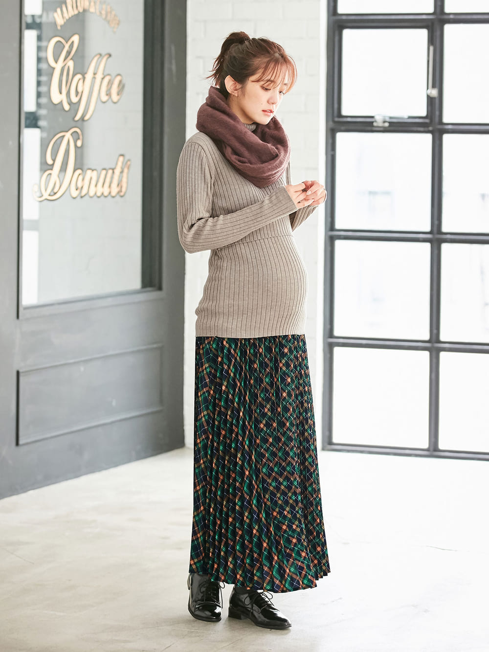 アウトレット|リブタートルニット　マタニティ・授乳服|杢ベージュ