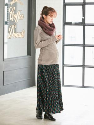 アウトレット|リブタートルニット　マタニティ・授乳服|杢ベージュ