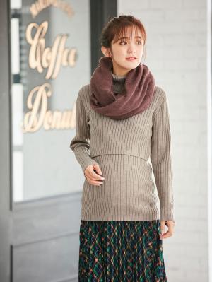アウトレット|リブタートルニット　マタニティ・授乳服|杢ベージュ