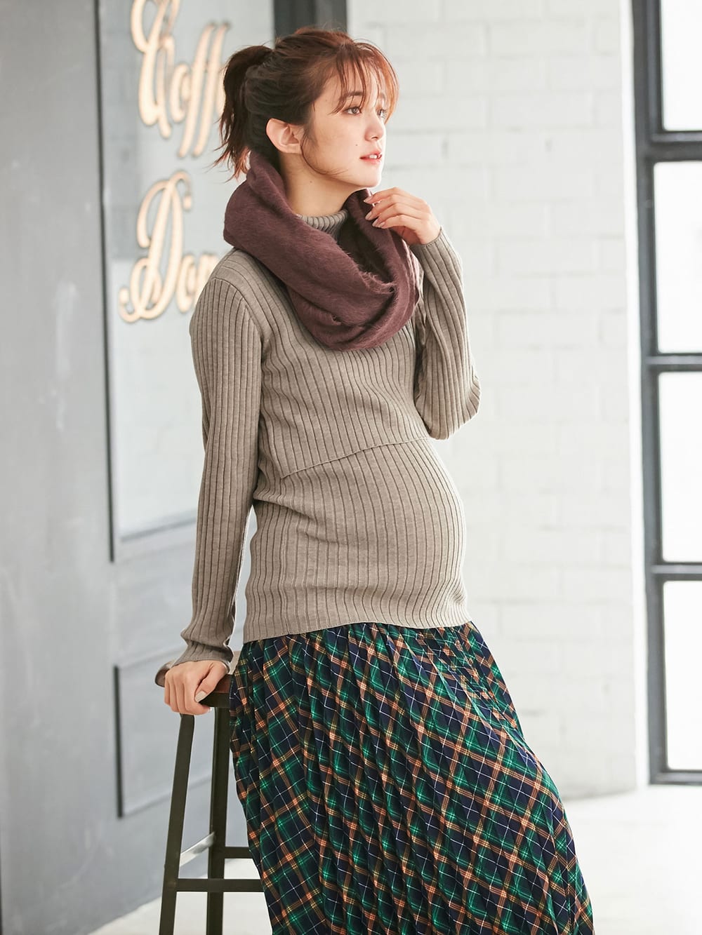 アウトレット|リブタートルニット　マタニティ・授乳服|杢ベージュ