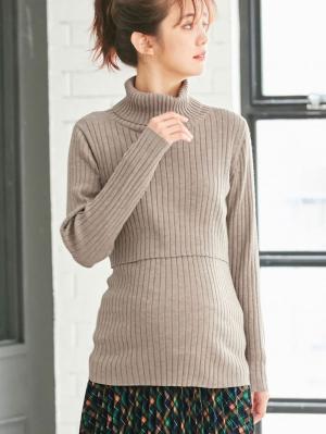 アウトレット|リブタートルニット　マタニティ・授乳服|杢ベージュ