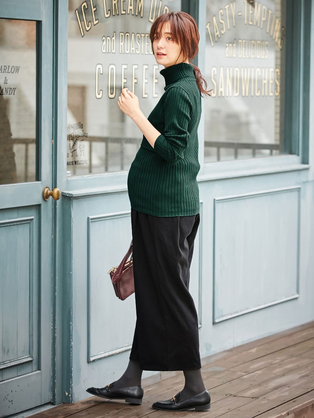 アウトレット|リブタートルニット　マタニティ・授乳服|グリーン