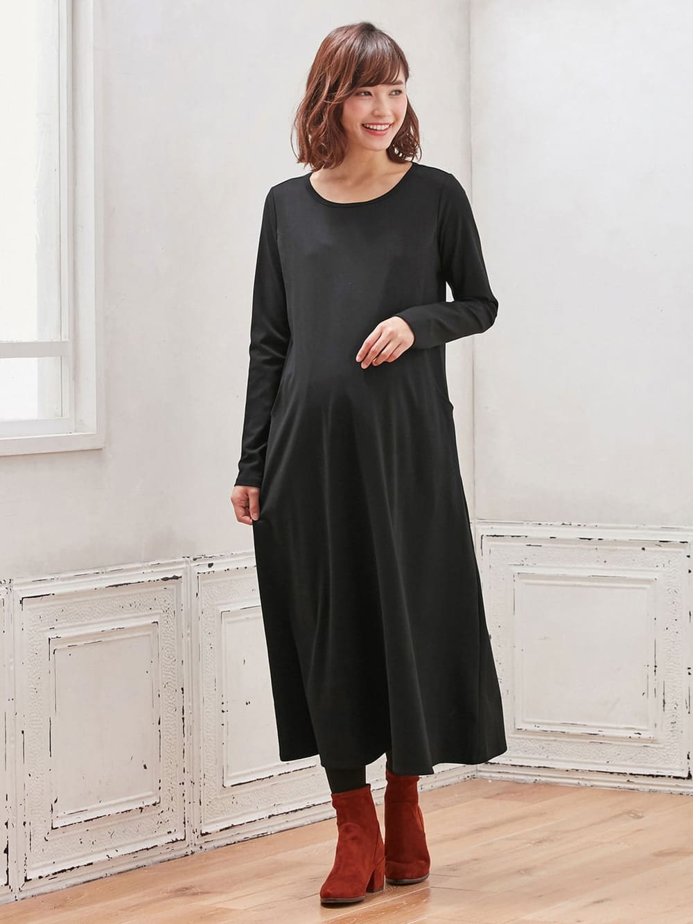 マタニティ ワンピース 授乳口付 綿混やわらかフライスマキシワンピース マタニティウェア 授乳服通販 エンジェリーベ 公式