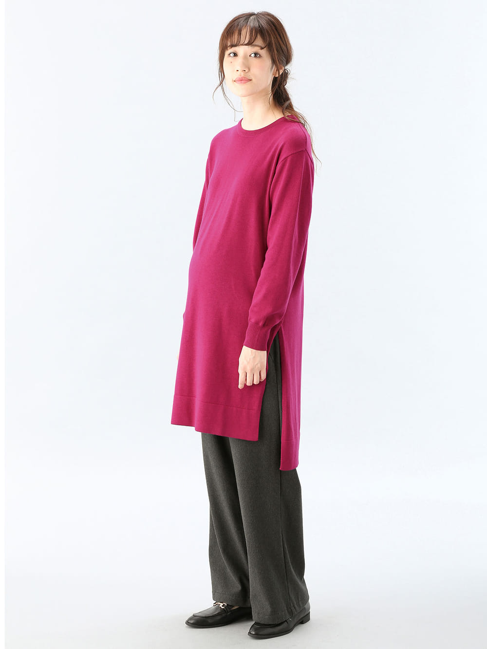 アウトレット|【産前産後対応】【あったか】裏フェルトタッチ起毛ワイドパンツ【出産後も長く使える】|チャコール