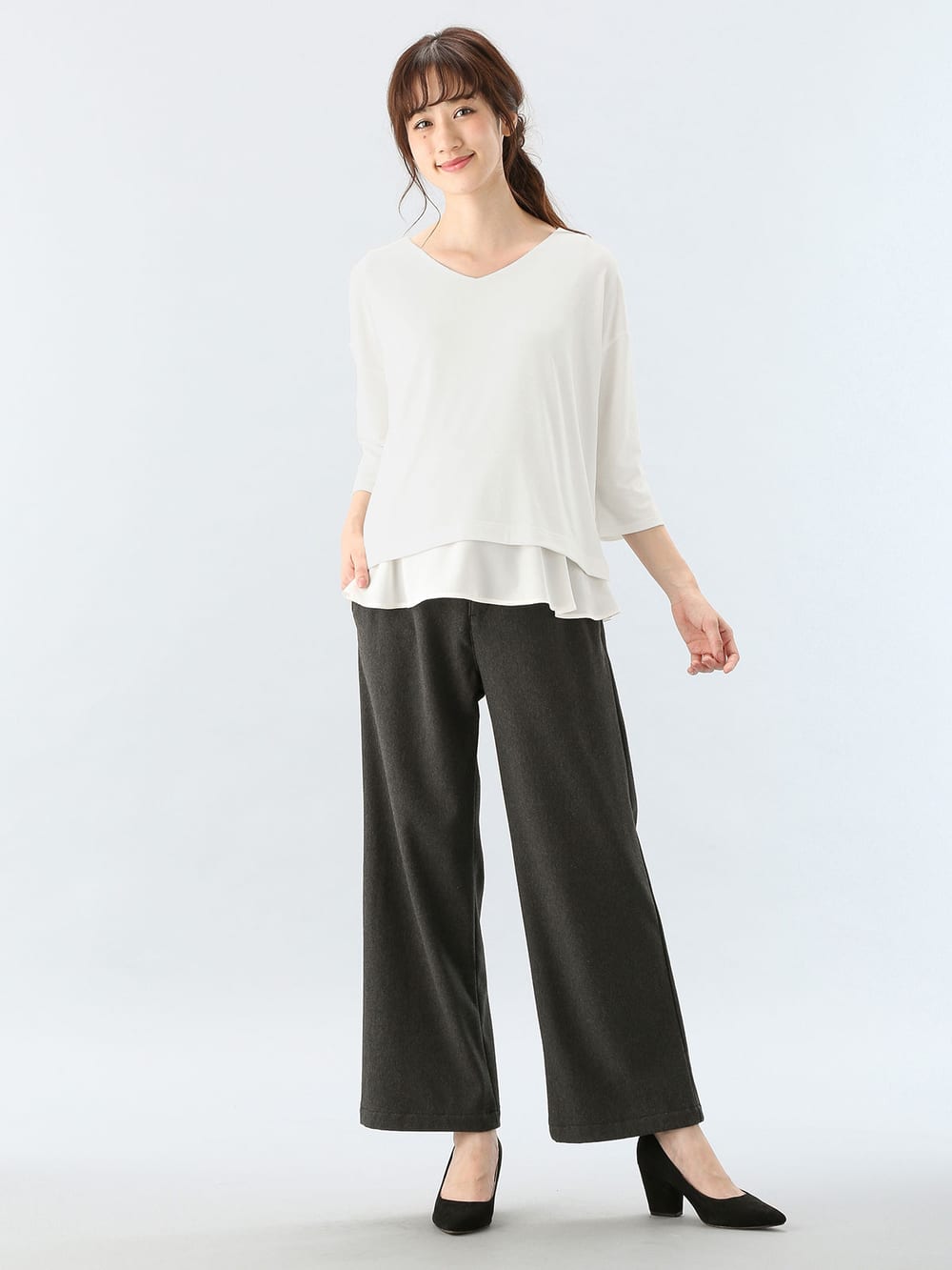 アウトレット|【産前産後対応】【あったか】裏フェルトタッチ起毛ワイドパンツ【出産後も長く使える】|チャコール