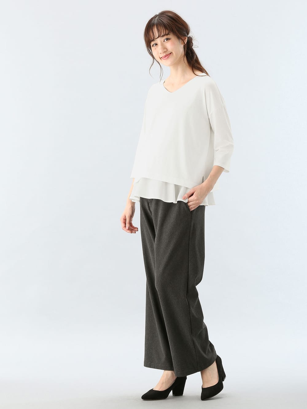 アウトレット|【産前産後対応】【あったか】裏フェルトタッチ起毛ワイドパンツ【出産後も長く使える】|チャコール