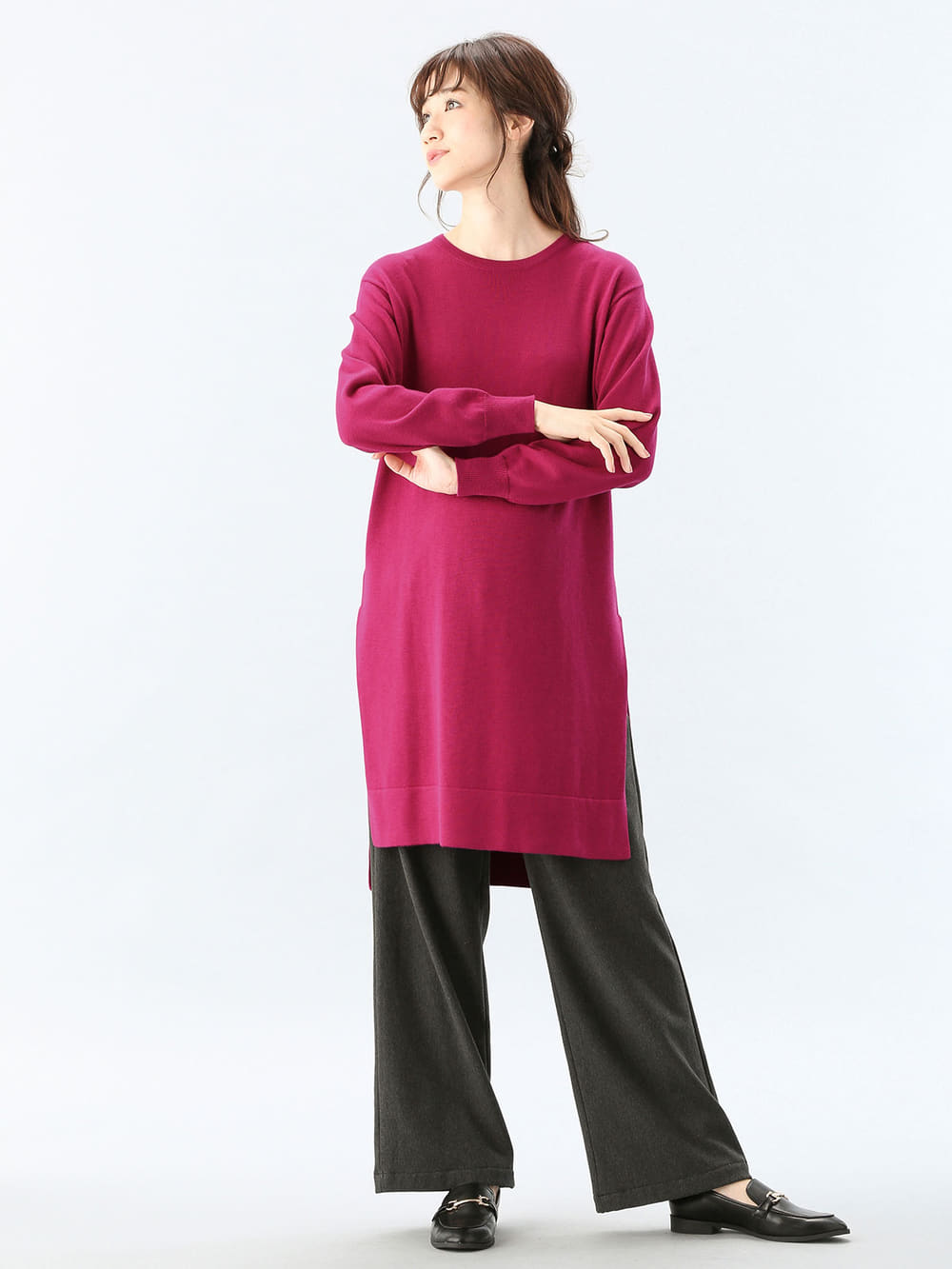 アウトレット|【産前産後対応】【あったか】裏フェルトタッチ起毛ワイドパンツ【出産後も長く使える】|チャコール