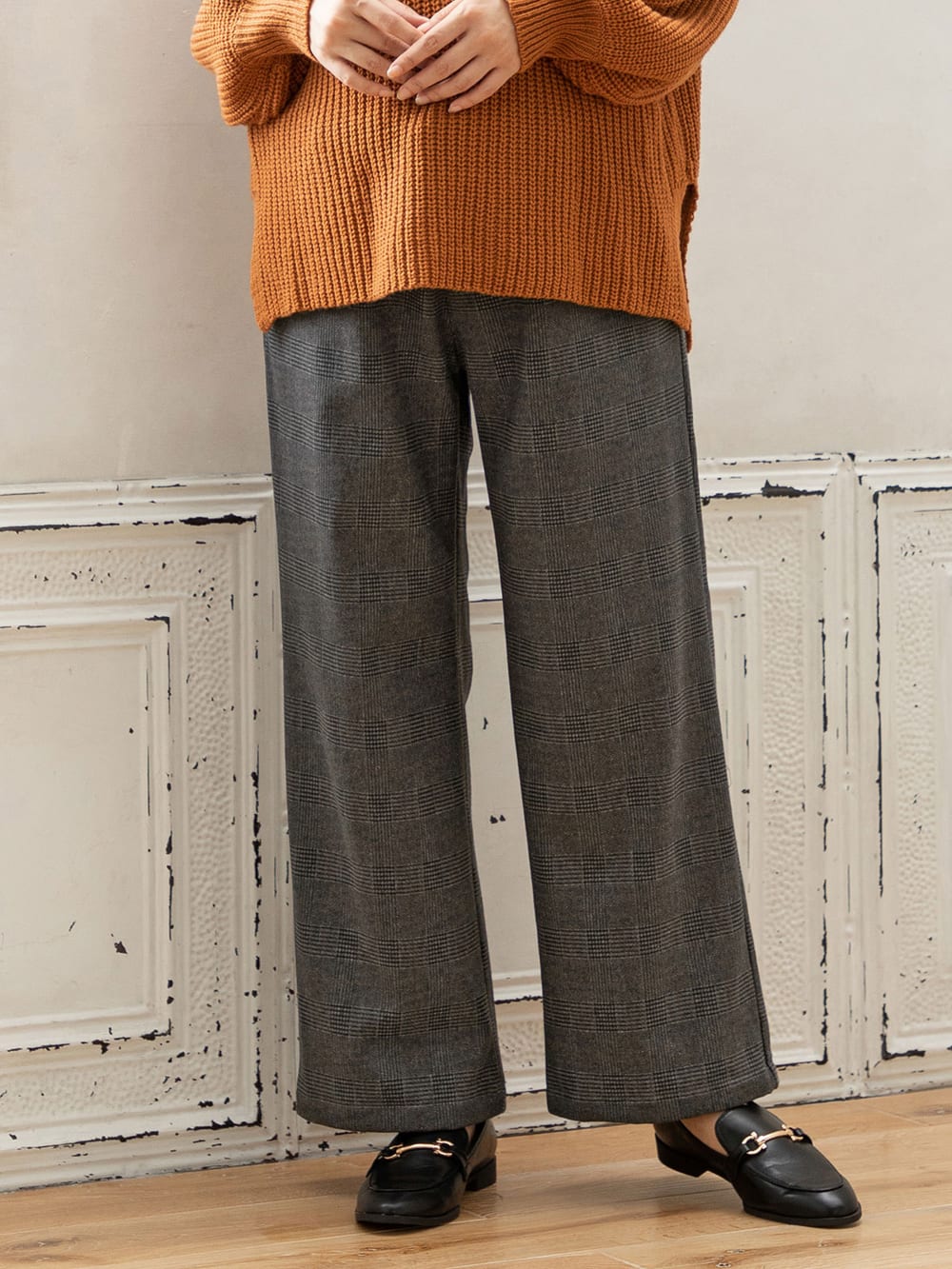 アウトレット|【産前産後対応】【あったか】裏フェルトタッチ起毛ワイドパンツ【出産後も長く使える】|グレンチェック