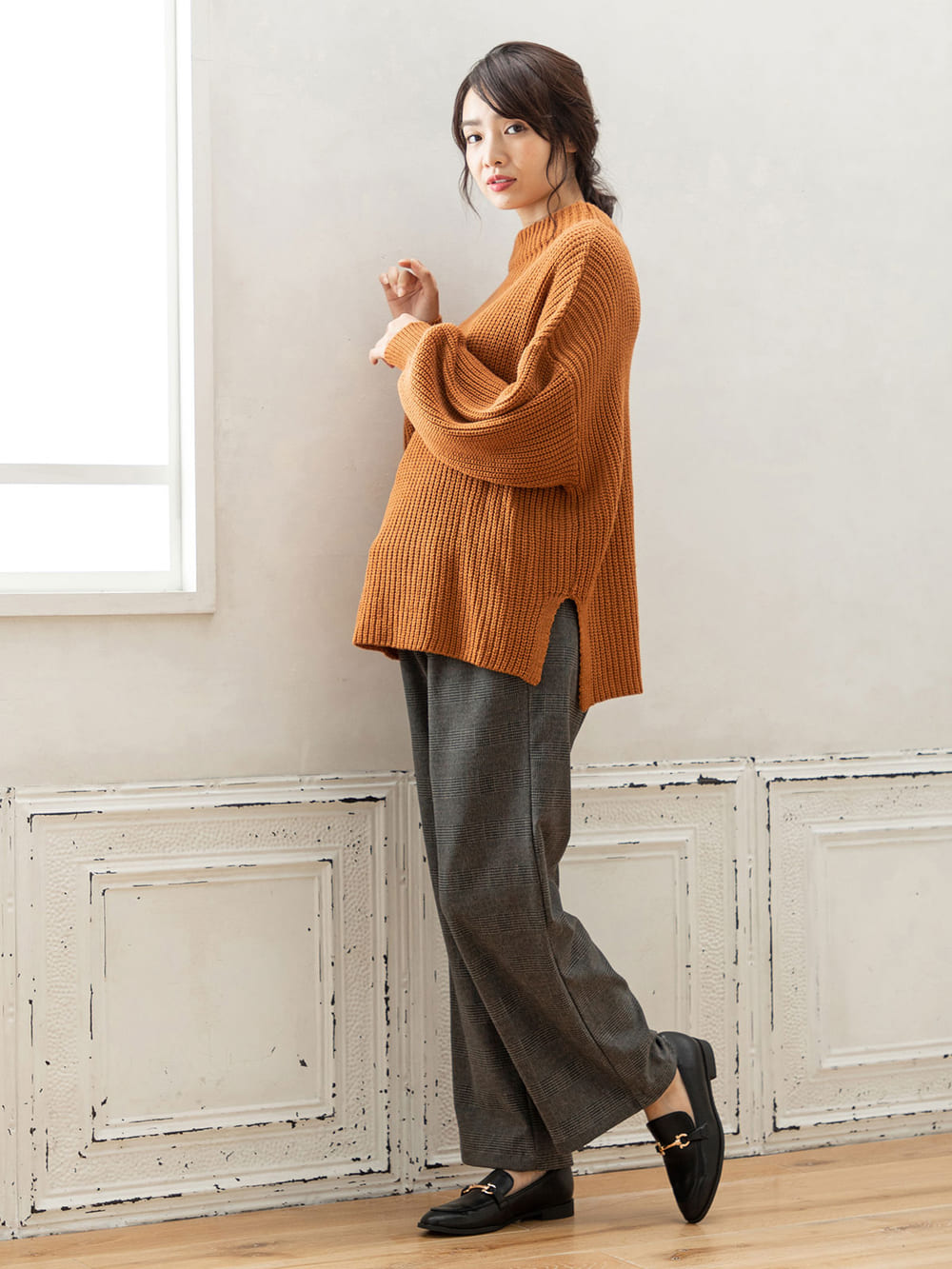 アウトレット|【産前産後対応】【あったか】裏フェルトタッチ起毛ワイドパンツ【出産後も長く使える】|グレンチェック