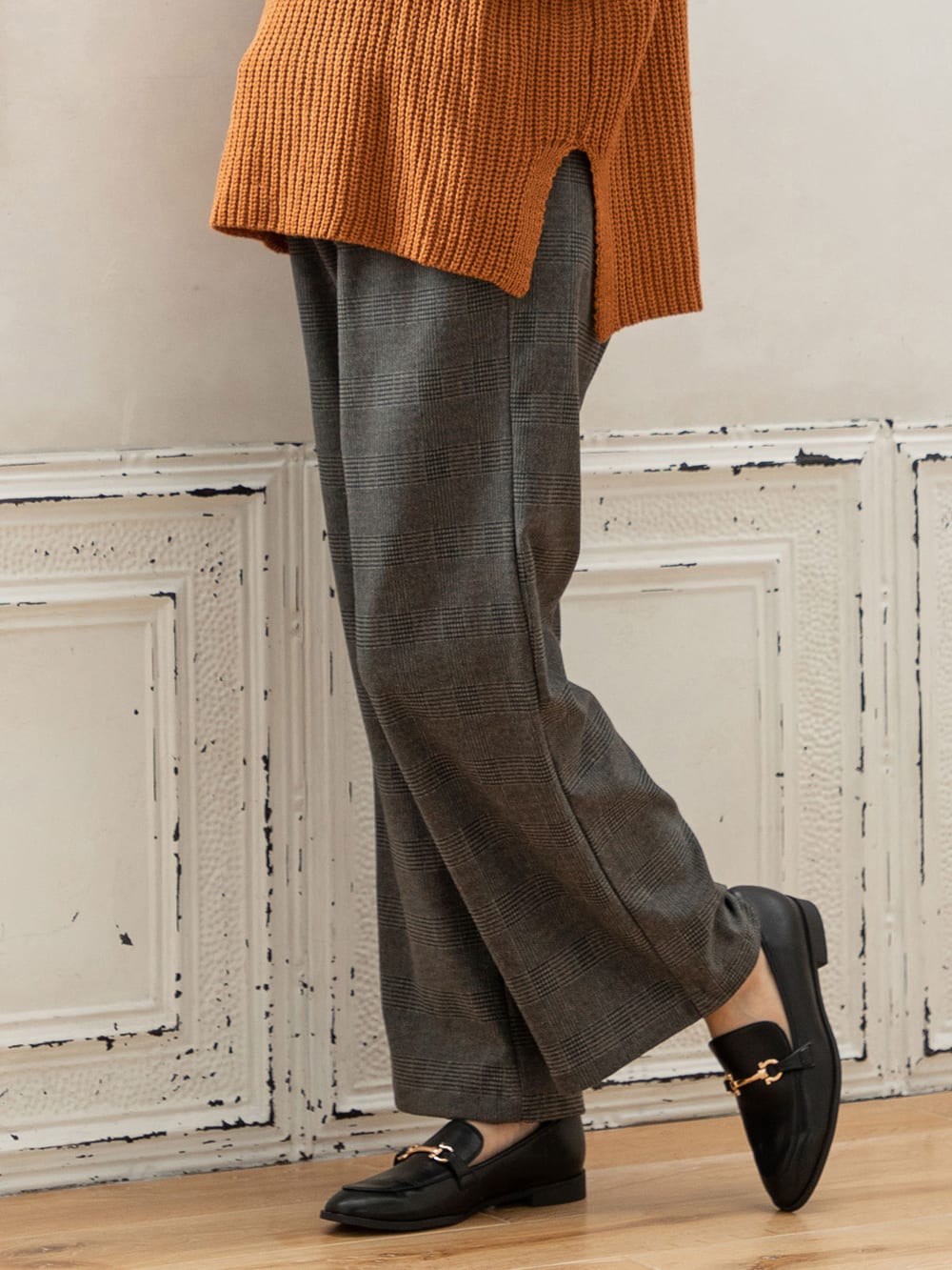 アウトレット|【産前産後対応】【あったか】裏フェルトタッチ起毛ワイドパンツ【出産後も長く使える】|グレンチェック