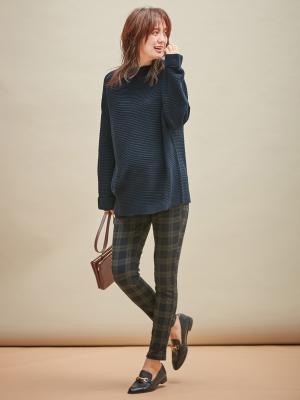 マタニティ パンツ|【産前産後対応】【あったか】裏フェルトタッチ起毛スキニーパンツ【出産後も長く使える】|ブルーチェック