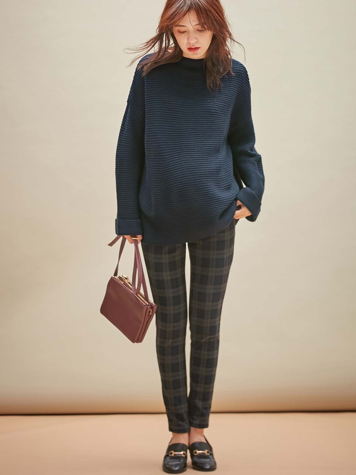 マタニティ パンツ|【産前産後対応】【あったか】裏フェルトタッチ起毛スキニーパンツ【出産後も長く使える】|ブルーチェック