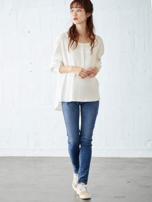 マタニティ パンツ|【産前産後対応】ストレッチハイブリッドデニムVパンツ【出産後も長く使える】|ブルー