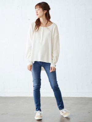 マタニティ パンツ|【産前産後対応】ストレッチハイブリッドデニムVパンツ【出産後も長く使える】|ブルー