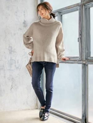 マタニティ パンツ|【産前産後対応】ストレッチハイブリッドデニムVパンツ【出産後も長く使える】|ネイビー