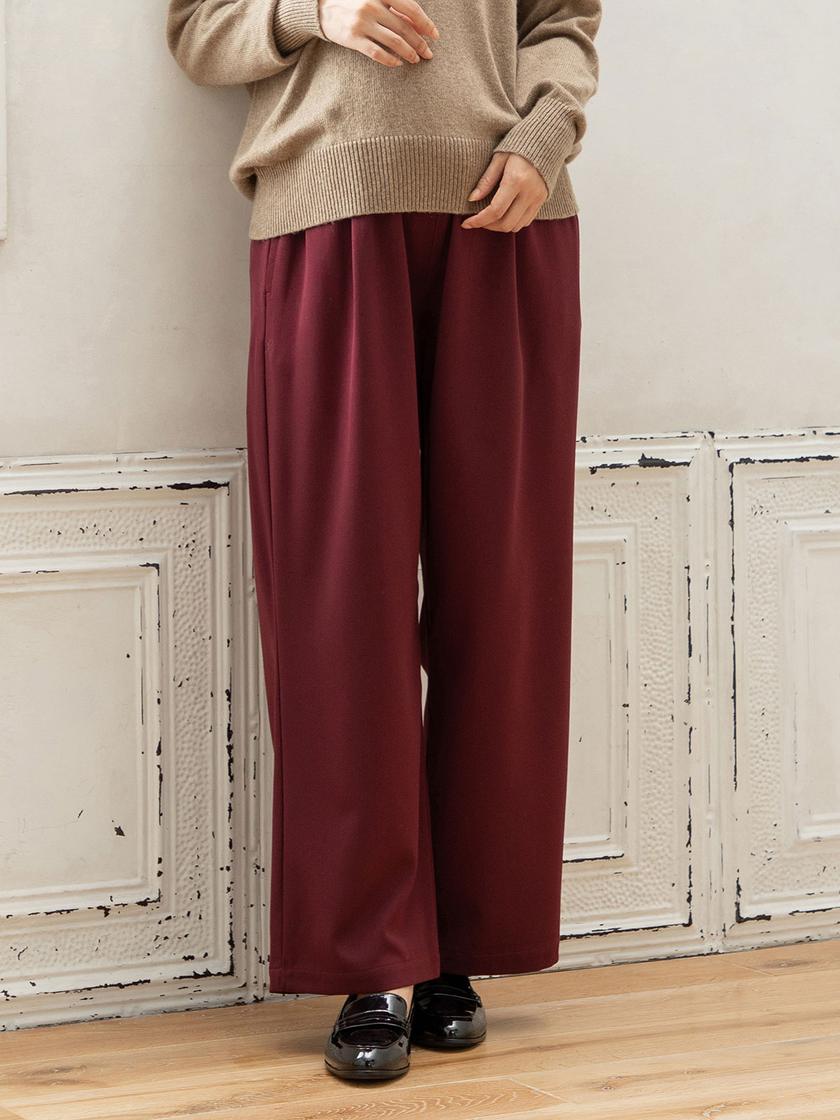 マタニティ パンツ|【産前産後対応】TRストレッチタックワイドパンツ【出産後も長く使える】|ボルドー