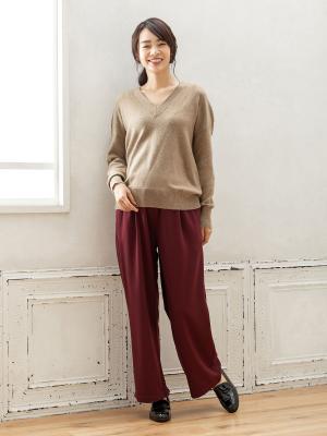 マタニティ パンツ|【産前産後対応】TRストレッチタックワイドパンツ【出産後も長く使える】|ボルドー