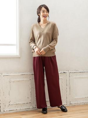 マタニティ パンツ|【産前産後対応】TRストレッチタックワイドパンツ【出産後も長く使える】|ボルドー