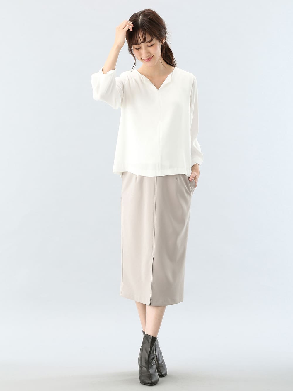 マタニティ トップス|ハイクォリティジョーゼットキーネックトップス　マタニティ・授乳服【出産後も長く使える】|アイボリー