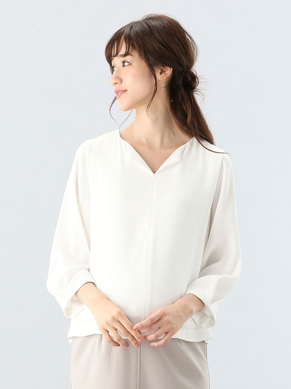 マタニティ トップス|ハイクォリティジョーゼットキーネックトップス　マタニティ・授乳服【出産後も長く使える】|アイボリー