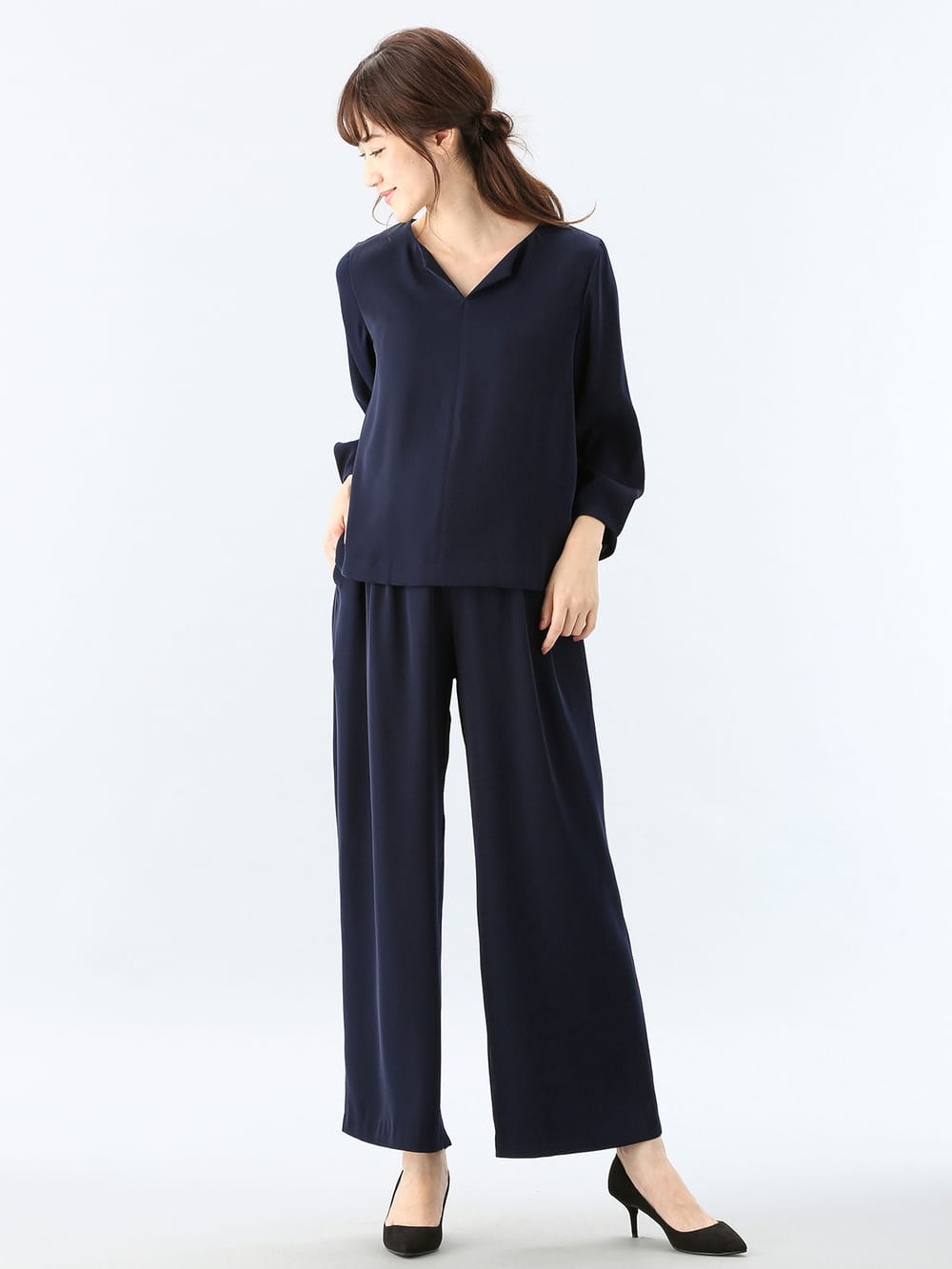 マタニティ トップス|ハイクォリティジョーゼットキーネックトップス　マタニティ・授乳服【出産後も長く使える】|ネイビー