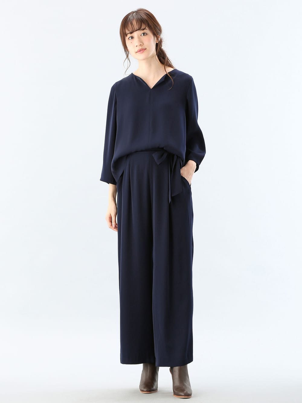 マタニティ トップス|ハイクォリティジョーゼットキーネックトップス　マタニティ・授乳服【出産後も長く使える】|ネイビー