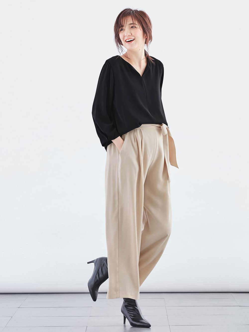 マタニティ トップス|ハイクォリティジョーゼットキーネックトップス　マタニティ・授乳服【出産後も長く使える】|ブラック