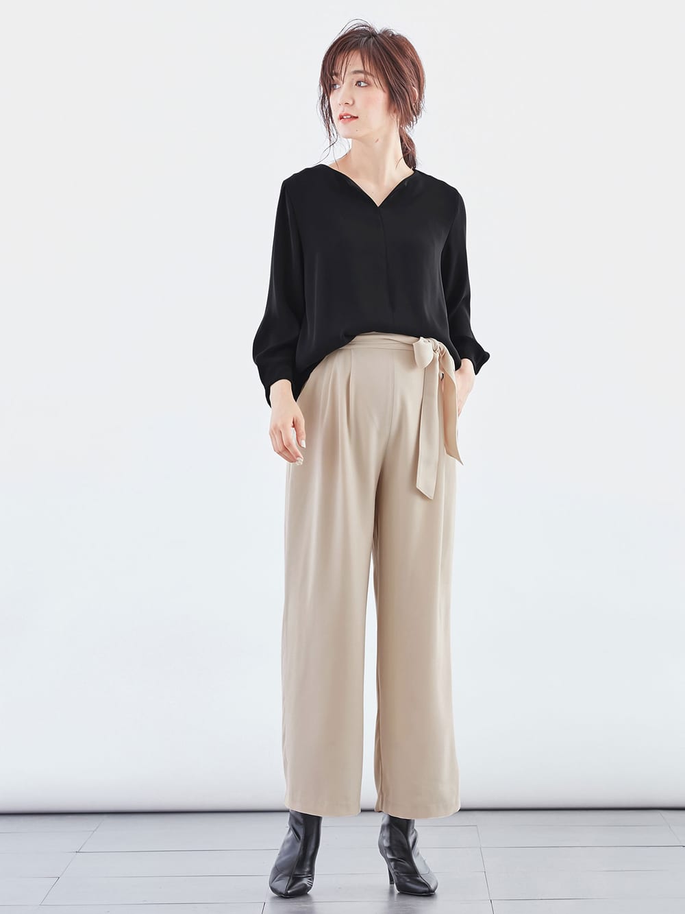 マタニティ トップス|ハイクォリティジョーゼットキーネックトップス　マタニティ・授乳服【出産後も長く使える】|ブラック