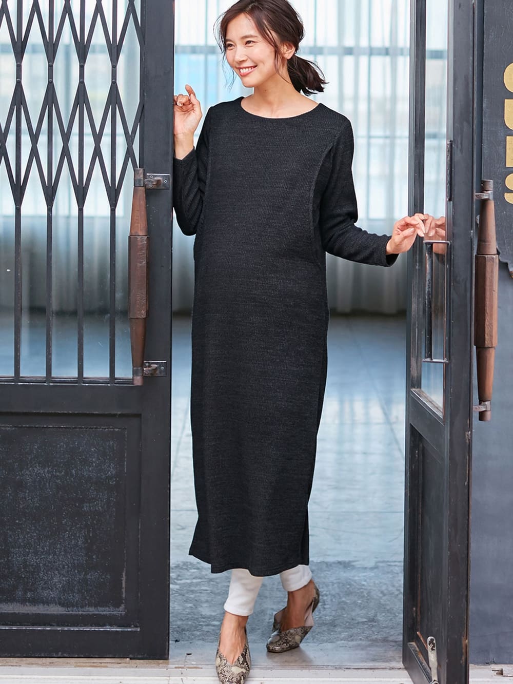 マタニティリブニットソーワンピース　マタニティ・授乳服