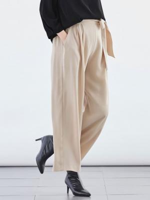 マタニティ パンツ|【産前産後対応】ハイクォリティジョーゼットリボン付ワイドパンツ【出産後も長く使える】|ベージュ