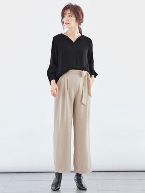 マタニティ パンツ|【産前産後対応】ハイクォリティジョーゼットリボン付ワイドパンツ【出産後も長く使える】|ベージュ