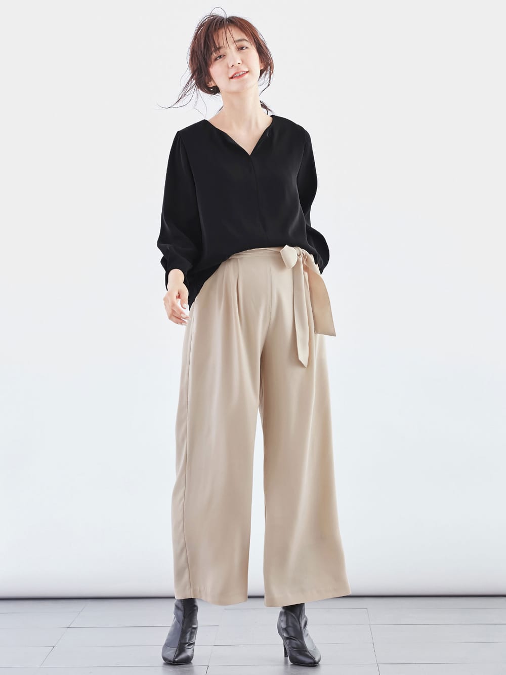 マタニティ パンツ|【産前産後対応】ハイクォリティジョーゼットリボン付ワイドパンツ【出産後も長く使える】|ベージュ