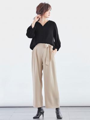 マタニティ パンツ|【産前産後対応】ハイクォリティジョーゼットリボン付ワイドパンツ【出産後も長く使える】|ベージュ