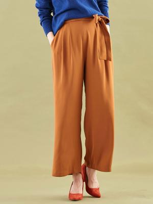 マタニティ パンツ|【産前産後対応】ハイクォリティジョーゼットリボン付ワイドパンツ【出産後も長く使える】|キャメル