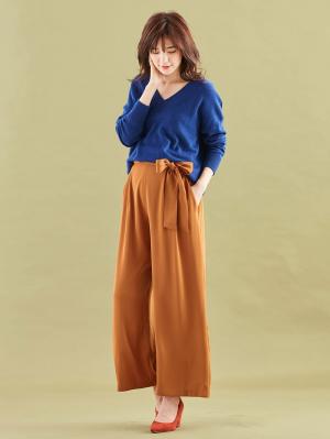 マタニティ パンツ|【産前産後対応】ハイクォリティジョーゼットリボン付ワイドパンツ【出産後も長く使える】|キャメル