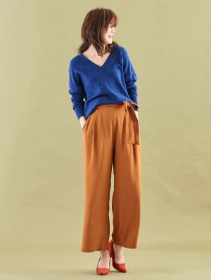 マタニティ パンツ|【産前産後対応】ハイクォリティジョーゼットリボン付ワイドパンツ【出産後も長く使える】|キャメル