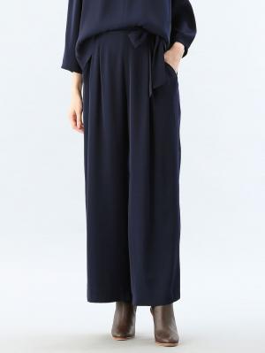 マタニティ パンツ|【産前産後対応】ハイクォリティジョーゼットリボン付ワイドパンツ【出産後も長く使える】|ネイビー